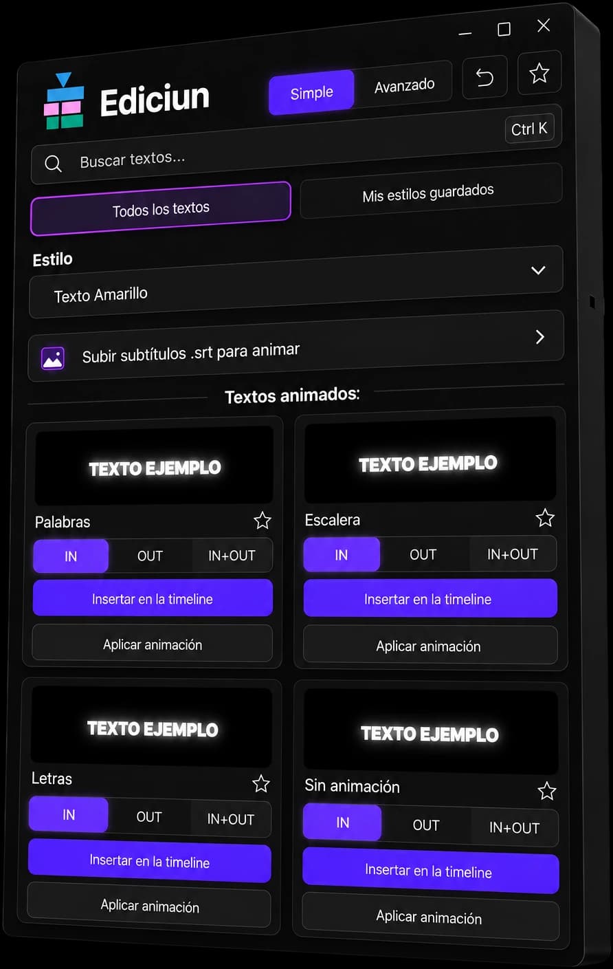 Panel de Ediciun Textos: búsqueda, estilos, subtítulos .srt y textos animados con entrada y salida